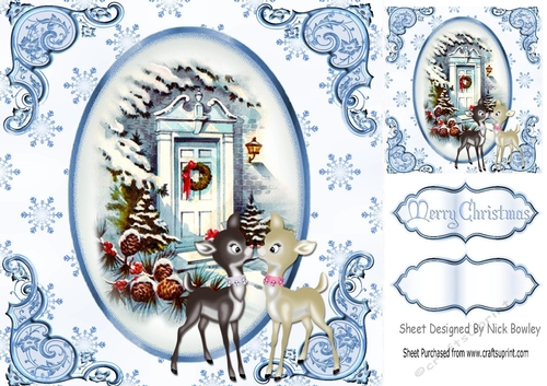 pretty front door with little deers in the snow (blue) 8x8