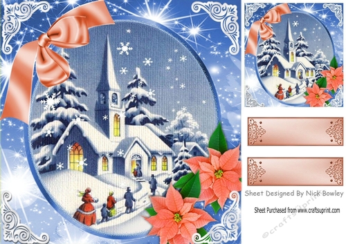 Lovely snow scene of a church with peach poinsettias 8x8