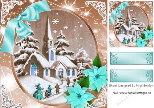 Lovely snow scene of a church with turq poinsettias 8x8