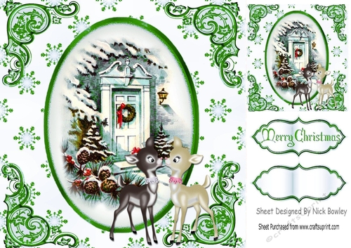 pretty front door with little deers in the snow (green)8x8