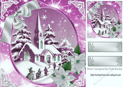 Lovely snow scene of a church with silver/pink poinsettias 8x8