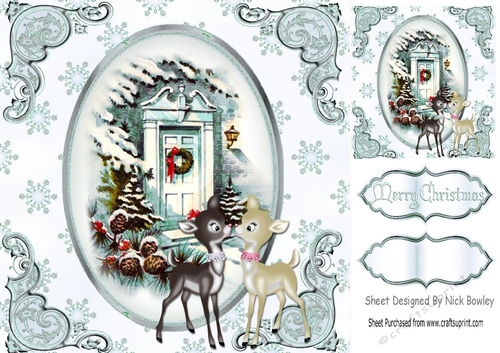 pretty front door with little deers in the snow (silver) 8x8