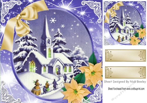 Lovely snow scene of a church with gold poinsettias 8x8