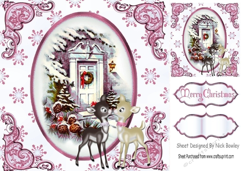 pretty front door with little deers in the snow (pink) 8x8
