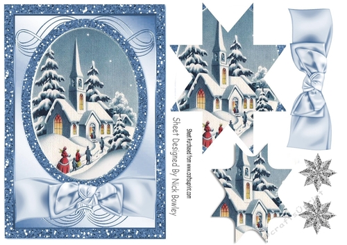 Lovely Christmas scene of a church with blue bow, star pyramids