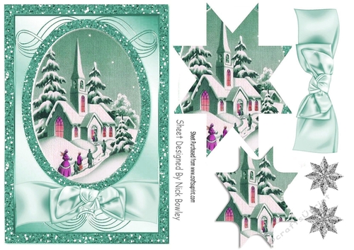 Lovely Christmas scene of a church with turq bow, star pyramids