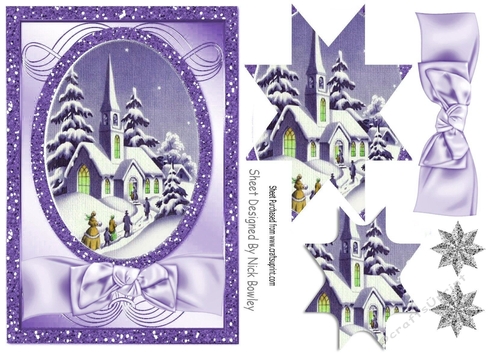 Lovely Christmas scene of a church with lilac bow, star pyramids