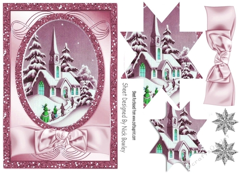 Lovely Christmas scene of a church with rose pink bow, star pyramids