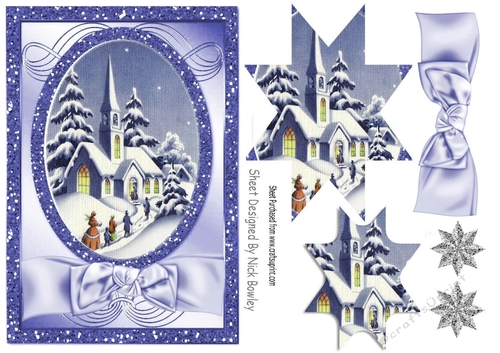 Lovely Christmas scene of a church with purple bow, star pyramids