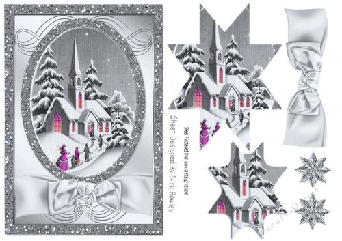 Lovely Christmas scene of a church with silver bow star pyramids