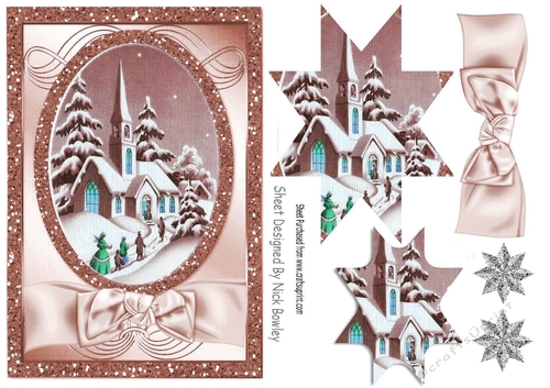 Lovely Christmas scene of a church with copper bow, star pyramids