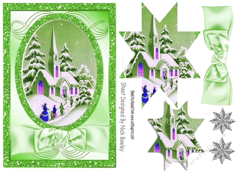 Lovely Christmas scene of a church with green bow, star pyramids