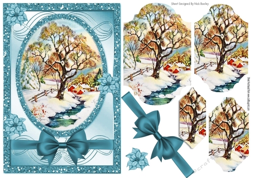 Lovely tree in the snow with blue poinsettias bracket pyramids