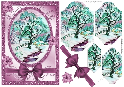 Lovely tree in the snow with pink poinsettias bracket pyramids