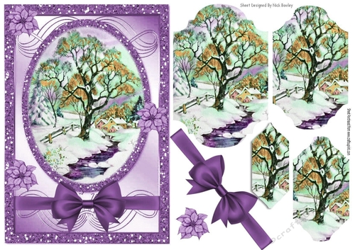 Lovely tree in the snow with purple poinsettias bracket pyramids