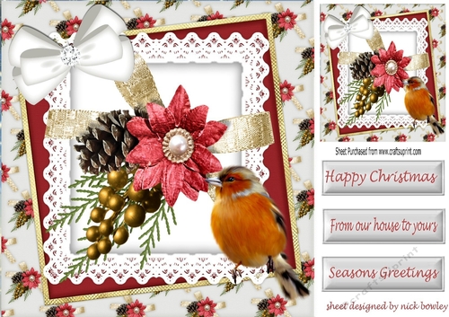 Lovely Robin With christmas arrangement and bow on lace 8x8