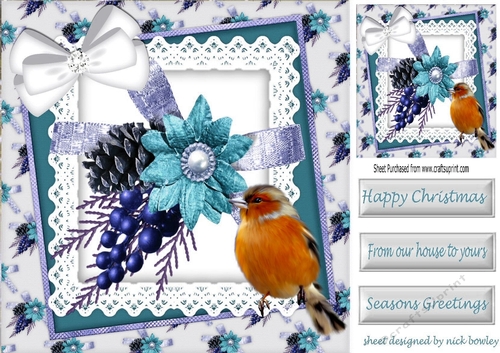 Lovely Robin With blue christmas arrangement and bow on lace 8x8