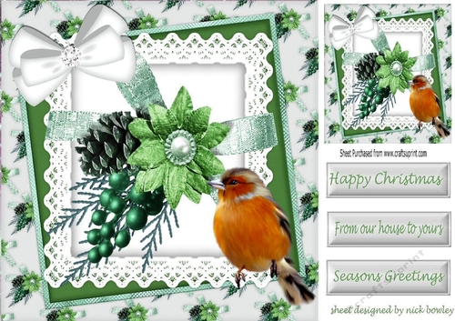 Lovely Robin With  green christmas arrangement and bow on lace 8x8