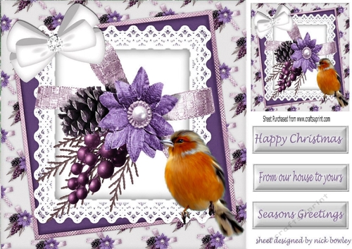Lovely Robin With purple christmas arrangement and bow on lace 8x8