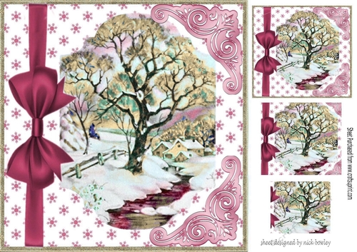 pretty winter scene bracket frame of trees with pink blow  8x8 & pyramids