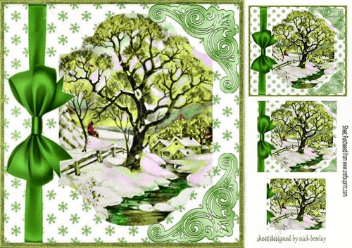 pretty winter scene bracket frame of trees with green blow  8x8 & pyramids