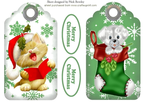 Cute kitty singing and puppy in stocking on snowflake tags