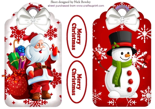 Lovely santa and snowman on snowflake tags