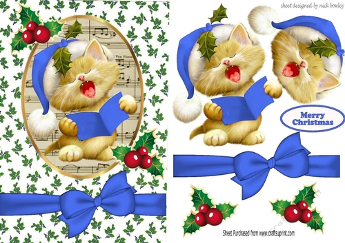 Cute kitty singing christmas carols with blue bow A5