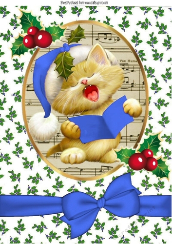 Cute kitty singing christmas carols with blue bow A4