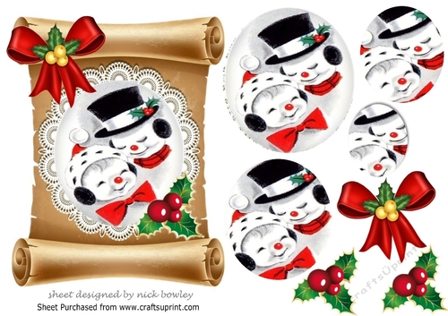 Lovely scroll with snowmen pyramids bow & holly