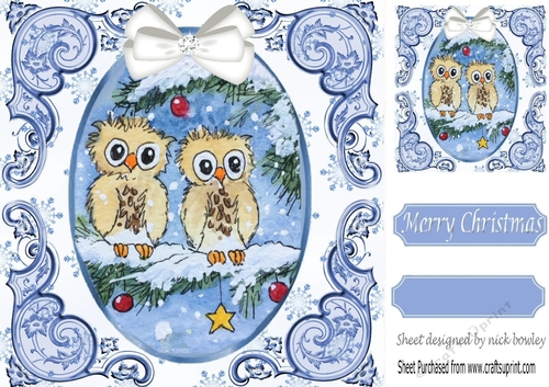 cute pair of owls on a branch with snow & bow (blue) 8x8