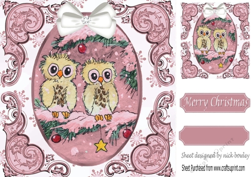 cute pair of owls on a branch with snow & bow (pink) 8x8