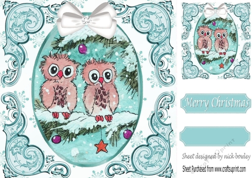 cute pair of owls on a branch with snow & bow (turq) 8x8