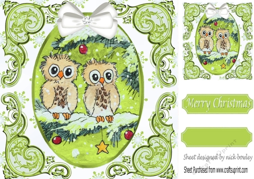 cute pair of owls on a branch with snow & bow (green) 8x8
