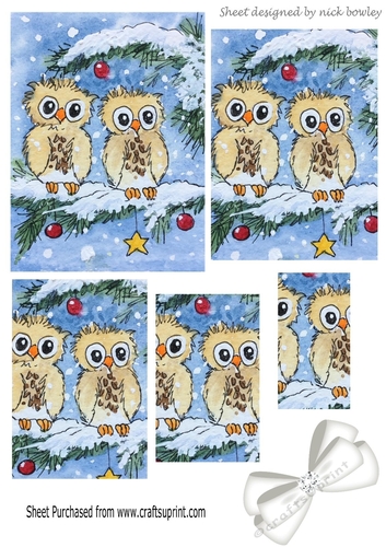 cute pair of owls on a branch with snow & bow (blue) pyramids