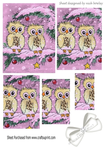 cute pair of owls on a branch with snow & bow (pink) pyramids