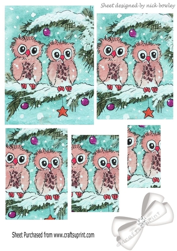 cute pair of owls on a branch with snow & bow (turq) pyramids