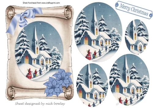  church in the snow with blue poinsettias on a scroll oval pyramids