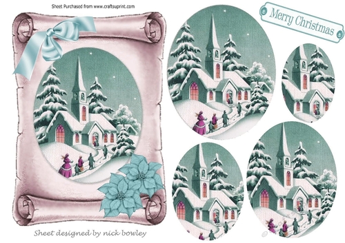 church in the snow with turq poinsettias on a scroll oval pyramids