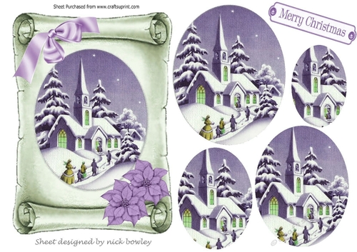 church in the snow with lilac poinsettias on a scroll oval pyramids