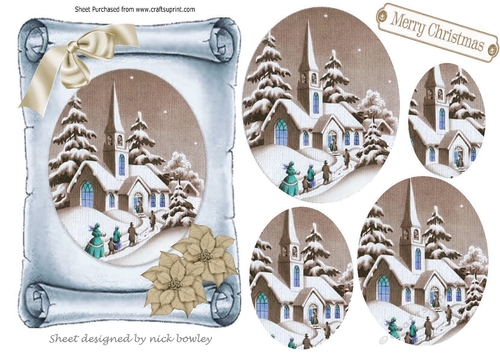 church in the snow with gold poinsettias on a scroll oval pyramids