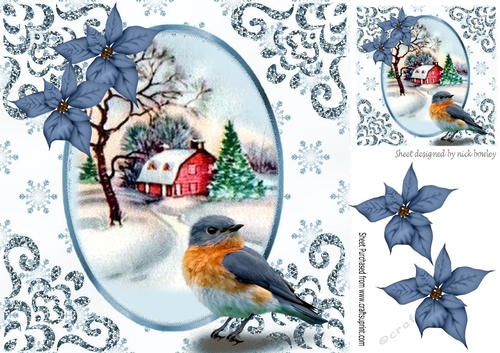 pretty snow scene with pretty bird and blue poinsettias 8x8