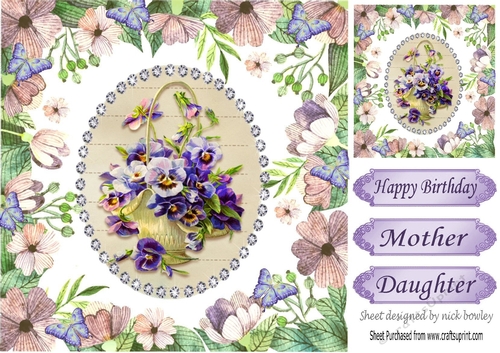 pretty lilac pansies in a basket in floral frame with butterflies 8x8