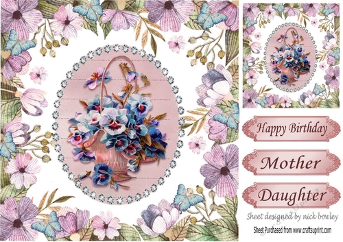  peach/blue pansies in a basket in floral frame with butterflies 8x8