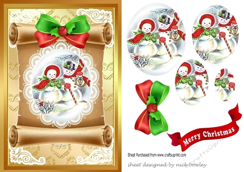 Lovely snowmen on a scroll,with bow & lace oval pyramids