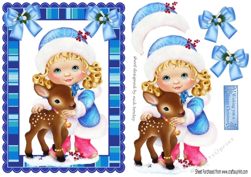 Cute little girl with a little deer and blue bows A5