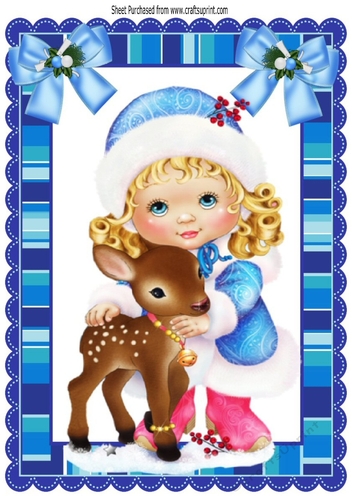 Cute little girl with a little deer and blue bows A4