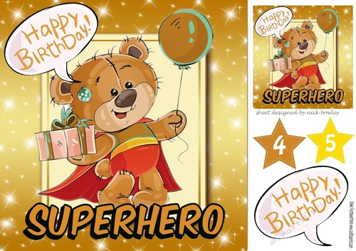Lovely super hero ted with his birthday present (gold)8x8