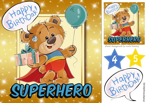 Lovely super hero ted with his birthday present (turq)8x8