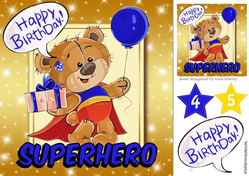 Lovely super hero ted with his birthday present (royal blue)8x8
